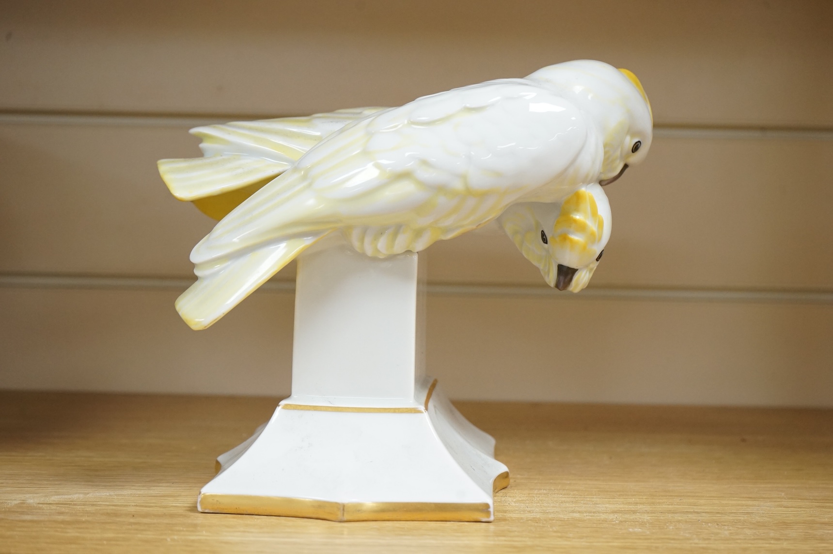 A Lorenz Hutschenreuther porcelain figure group of two cockatoos, stamped to the base, 19cm high